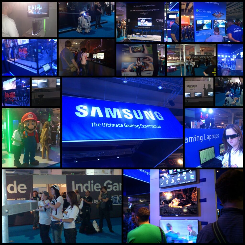 Collage of photos from a gaming expo featuring tech displays, game demos, a Samsung banner, cosplayers, people playing games, a Mario mascot, and attendees exploring stands, all under bright event lighting. Various screens and gaming set-ups are visible throughout.
