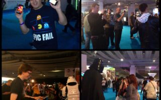 A collage of four photos at a convention: Top left, a smiling person in a blue Pac-Man shirt holds up two phones. Top right and bottom left, groups of people take photos. Bottom right, a crowd photographs someone dressed as Darth Vader and a stormtrooper.