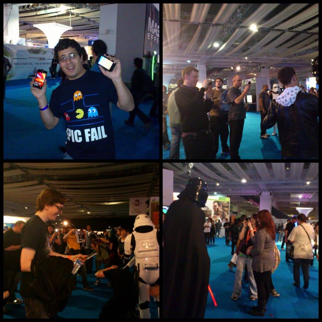 A collage of four images at a convention: Top left, a smiling man holds two phones, wearing a Pac-Man "EPIC FAIL" shirt. Top right, people take photos on a blue-carpeted floor. Bottom left, a man smiles at cosplayers. Bottom right, Darth Vader and others interact with attendees.