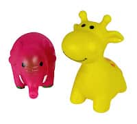 A bright pink toy elephant with a rounded body and small black eyes stands next to a yellow toy giraffe with a smiling face, small round ears, and two short ossicones. Both toys are simple and cartoonish in style.