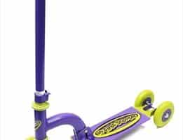 A purple and yellow three-wheeled kids' scooter with two wheels at the front and one at the back. The handlebar and deck are purple with yellow grips, wheels, and accents. The deck features a decorative logo or design.