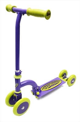 A purple and yellow three-wheeled kids' scooter with two wheels at the front and one at the back. The handlebar and deck are purple with yellow grips, wheels, and accents. The deck features a decorative logo or design.