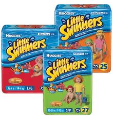 Three packs of Huggies Little Swimmers disposable swim nappies in red, blue, and green packaging. Each pack shows children playing in swimwear, with the Huggies Little Swimmers logo and size and quantity information visible on each pack.