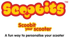 The image shows the Scoobits logo in bold yellow bubble letters with a red outline. Below, it says "Scoobit your scooter" in orange and red, and beneath that, in black text: "A fun way to personalise your scooter.