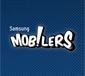 The image shows the Samsung Mobilers logo. "Samsung" appears in white, thin letters above "MOB!LERS" in bold, stylised white text with a large exclamation mark replacing the "I", all set against a blue, dotted background.