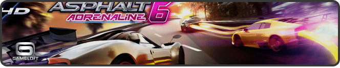 Promotional image for "Asphalt 6: Adrenaline" shows three sports cars racing on a curvy road at sunset. The scene is dynamic, with motion blur and light trails. The game’s logo and Gameloft logo are visible in the corners.