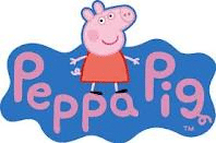The image shows the "Peppa Pig" logo. Peppa, a cartoon pink pig wearing a red dress, stands in the centre on a blue, wavy background. The words "Peppa Pig" are written in large, rounded pink letters around her.