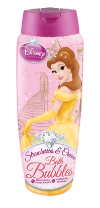 A pink Disney Princess bath bubbles bottle featuring Belle from "Beauty and the Beast" in a yellow dress, smiling over her shoulder. The label reads “Strawberries & Cream Bath Bubbles” with images of strawberries and a castle in the background.