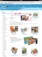 Screenshot of a Shutterfly webpage on an iPad, displaying personalised photo gift options. The page features banners for up to 50% off on calendars, with images of photo books, mugs, bookmarks, and framed prints, plus a sidebar menu of gift categories.