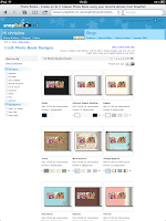 Screenshot of a Snapfish webpage displaying photo book designs. The page shows various book covers in different colours and layouts, with preview images of a family. Navigation menus, search bar, and sorting options are visible at the top and left side.