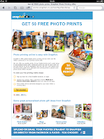 A webpage from Snapfish offers 50 free photo prints. The page shows photo print samples, a stack of prints, and families and children in photos. Instructions for uploading and printing are listed, with highlighted text promoting the free prints.