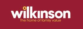 White "wilkinson" text with a yellow dot over the first "i" on a red background. Below, in smaller yellow text, it reads: "The home of family value.