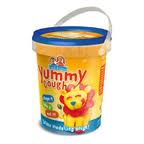 A yellow tub of “Yummy Dough” with a blue lid and white handle. The packaging features a playful lion illustration and colourful text indicating the dough is edible and safe for children. The product branding is prominent on the front of the container.
