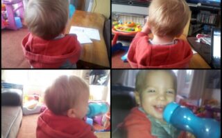 A collage of eight photos shows a young child with blond hair in a red hoodie drinking from a blue beaker, smiling, and playing indoors. Bright toys are visible in the background, and the child appears happy and engaged throughout.