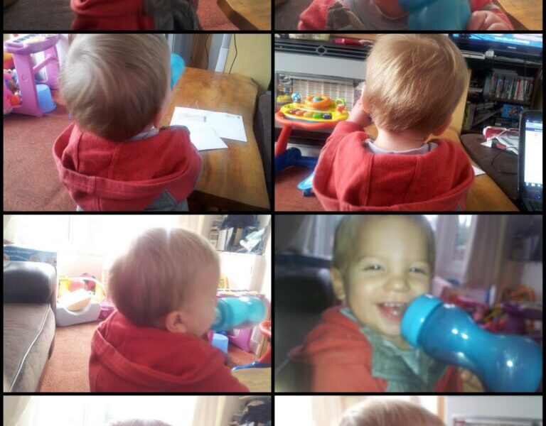 A collage of eight photos shows a young child with blond hair in a red hoodie drinking from a blue beaker, smiling, and playing indoors. Bright toys are visible in the background, and the child appears happy and engaged throughout.