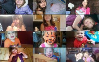 A collage of 18 photos shows a young girl at various ages, smiling, laughing, playing, and posing, sometimes with face paint, toys, or adults. Most photos capture joyful or playful moments, with colourful and casual backgrounds.