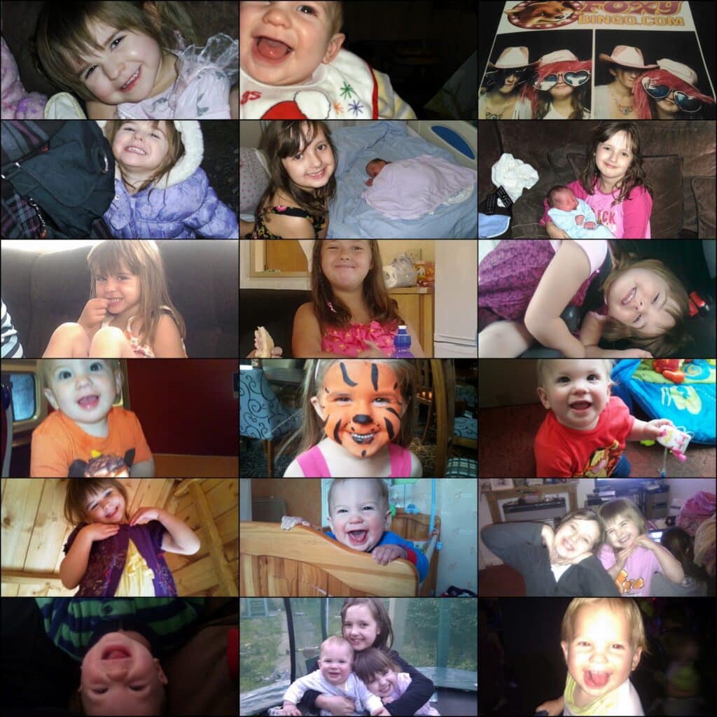 A collage of 16 candid photos featuring a young child in various settings: smiling, laughing, hugging, with face paint, and with family. The child displays joy and playful expressions throughout, sometimes alone and sometimes with others, indoors and outdoors.