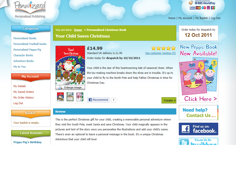 Screenshot of a Penwizard website page for a personalised children’s book titled “Your Child Saves Christmas.” The book’s cover shows Father Christmas, a snowman, elves, and a child. The price is £14.99. Descriptive text and navigation menus appear on the left and right.