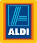 The image shows the ALDI logo: a blue square with a stylised "A" in light blue lines above the white word "ALDI." The square is bordered by an orange and yellow frame.