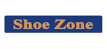 A rectangular blue sign with the words "Shoe Zone" written in bold orange serif font in the centre. The text is evenly spaced and stands out against the solid blue background.
