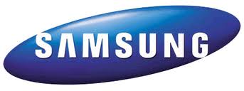 The image shows the Samsung logo: the word "SAMSUNG" in bold white uppercase letters centred on a tilted, blue oval shape with a subtle gradient. The oval has smooth edges, and the background is white.