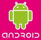 A green Android robot logo is centred on a bright pink background. Below the robot, the word "ANDROID" appears in a rounded, futuristic white font. The Android robot features two antennae, two arms, and legs.