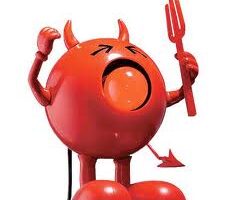 A round, red cartoon figure with small devil horns, a pointy tail, and angry eyes stands with one arm raised in a fist and the other holding a red trident. The figure has a large open mouth as if shouting, and stands on two legs.