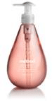 A clear, pink, teardrop-shaped pump bottle of Method hand soap with a white pump dispenser. The bottle has white text and a sleek, modern design, set against a plain white background.