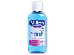 A clear plastic bottle of Milton Antibacterial Hand Gel with a blue flip-top cap. The label shows the Milton logo, states “Antibacterial Hand Gel”, and mentions it is effective, fast-drying, and rinse-free. The gel inside appears blue.