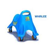 A bright blue, four-wheeled ride-on toy for toddlers called "WHIRLEE." It features a handle at the front, playful animal stickers, and a sturdy, curved plastic body designed for young children to sit on and scoot about.