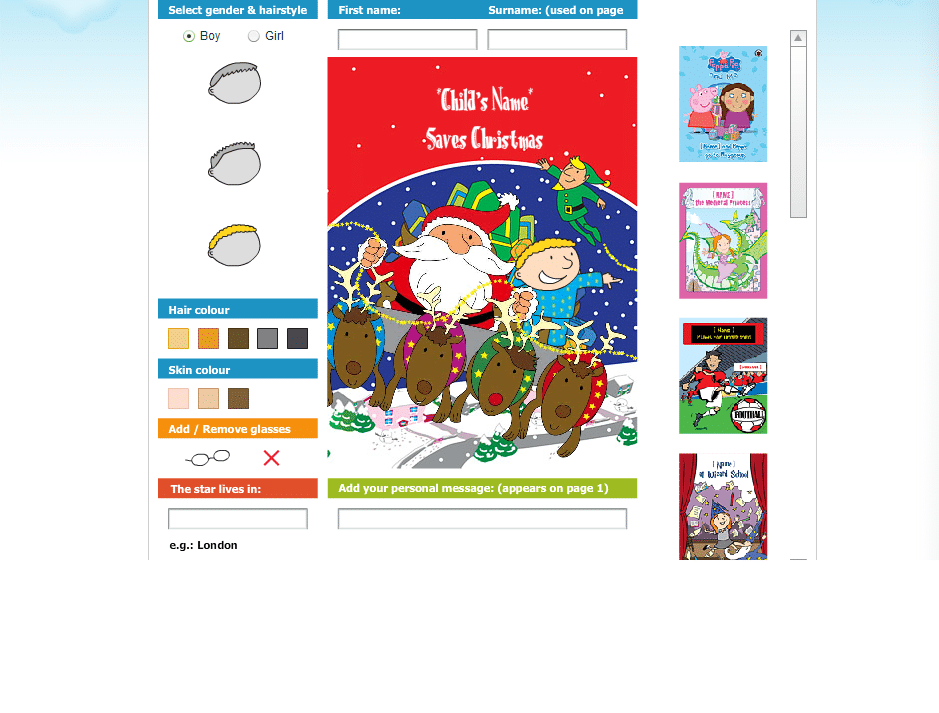 A customisable book cover titled "Child's Name Saves Christmas" shows Father Christmas and a smiling child riding in a sleigh pulled by five reindeer, flying over snowy houses at night. Options for hair, skin colour, glasses, and a message are visible on the left.