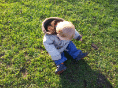 A small child with blonde hair, wearing a light-coloured coat, blue trousers, and dark shoes, sits on green grass in sunlight, looking down. The child's head is lowered, and their shadow is cast on the ground.