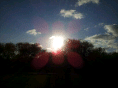 Bright sunlight shines through the silhouettes of trees, creating red lens flares against a blue sky scattered with white clouds. The scene suggests late afternoon or early morning, with natural greenery visible below the light.