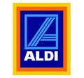 The image shows the ALDI logo: a stylised blue "A" with three diagonal stripes inside a blue square, set against a dark blue background with "ALDI" written in white below. The logo is framed with orange and yellow borders.