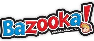 The image shows the word "Bazooka!" in playful, bold, red and blue letters with a white and black outline. A cartoon face of a blond boy with an eyepatch appears near the exclamation mark. The website "www.bazookajoe.com" is written below the text.