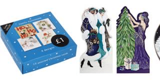 Four festive items in a row: a pack of reindeer gift tags, a blue box of holiday cards with “Ho Ho Ho” text, shaped cut-outs of people in vintage winter attire, and a round tin featuring a woman in a red holiday outfit and snowy background.