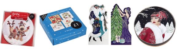 Four festive items in a row: a pack of reindeer gift tags, a blue box of holiday cards with “Ho Ho Ho” text, shaped cut-outs of people in vintage winter attire, and a round tin featuring a woman in a red holiday outfit and snowy background.