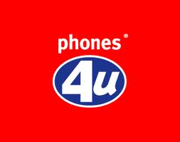 The image shows the "phones 4u" logo. The background is bright red. The word "phones" is written in white lowercase letters above a blue oval. Inside the oval, "4u" is written in large white lowercase and number characters.