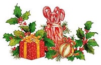 A festive arrangement with a red gift box with a yellow ribbon, a round bauble, and a jar filled with candy canes, surrounded by green holly leaves and red berries. The background is white, creating a cheerful holiday scene.