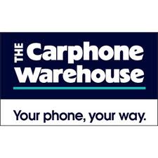The image shows The Carphone Warehouse logo with white text on a dark blue background. Below, a white section features the slogan "Your phone, your way." in dark blue letters with a thin turquoise line dividing the two sections.