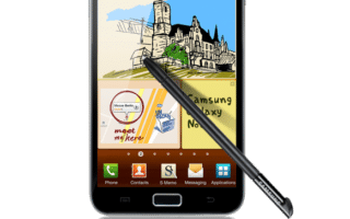 A Samsung Galaxy Note smartphone displays a colourful sketch of a castle and a map on its screen. A black stylus pen is angled in front of the device. App icons are visible at the bottom of the screen. The background is white.