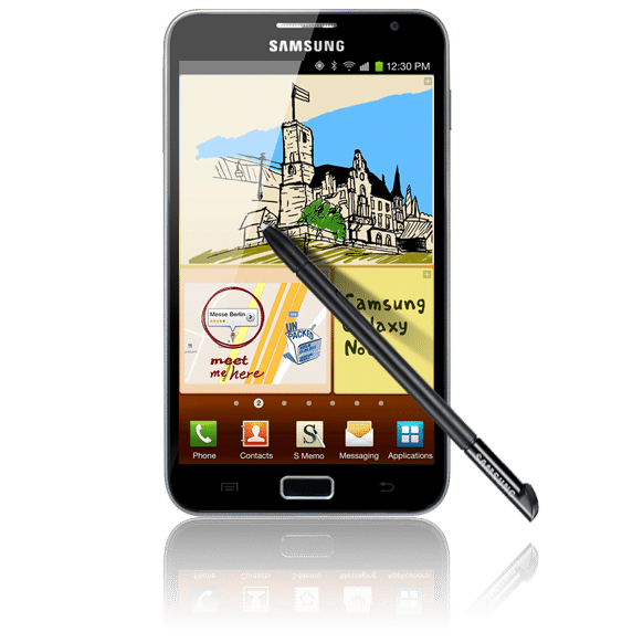 A Samsung Galaxy Note smartphone displays a colourful sketch of a castle and a map on its screen. A black stylus pen is angled in front of the device. App icons are visible at the bottom of the screen. The background is white.