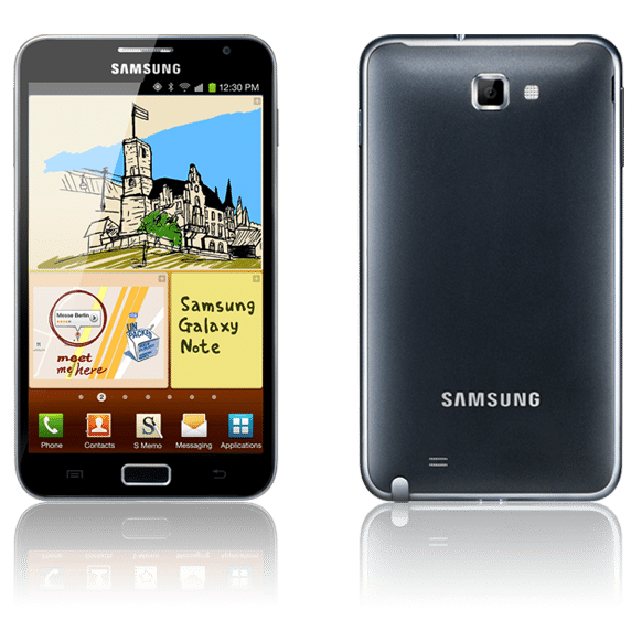 Front and back view of a black Samsung Galaxy Note smartphone. The front screen displays colourful app icons and a sketch of a building with the text "Samsung Galaxy Note." The back is sleek, showing the Samsung logo and camera at the top.