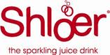 The image shows the Shloer logo in red text. The “o” in “Shloer” is stylised with two overlapping, circular bubbles above it. Below the logo, it says “the sparkling juice drink” in lowercase red letters. The background is white.