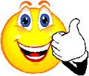 A smiling yellow emoji face with big blue eyes, raised eyebrows, and a wide open mouth showing teeth. The emoji is giving a thumbs-up gesture with a gloved hand, suggesting approval or positivity. The background is plain white.