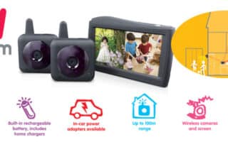 The image shows two wireless cameras, a video monitor displaying children, and icons for features: night vision, rechargeable battery, in-car power, 100m range, wireless screen, and suction mounts. “kid cam” is written in colourful letters. A diagram shows indoor camera placement.