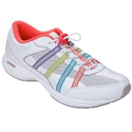 A white trainer with mesh panels, featuring colourful stripes in purple, green, blue, and red on the sides. The shoe has white laces, a white sole, and a bright pink inner lining. The design is sporty and modern.