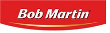 Red rectangular logo with the words "Bob Martin" in bold white lettering centred. A thin gold curved line runs underneath the text, near the bottom edge of the logo.