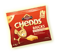 A red and yellow pack of Cathedral City Chedds Bricks cheese snacks. The packet shows a cartoon mouse holding cheese bricks. Text highlights "100% real mild cheddar," "8x pack," and notes no artificial colours or flavours. Net weight is 160g.