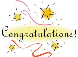 The image features the word "Congratulations!" in large, elegant black script. Yellow stars, sparkles, and red and pink streamers are scattered around the text, creating a festive and celebratory atmosphere.